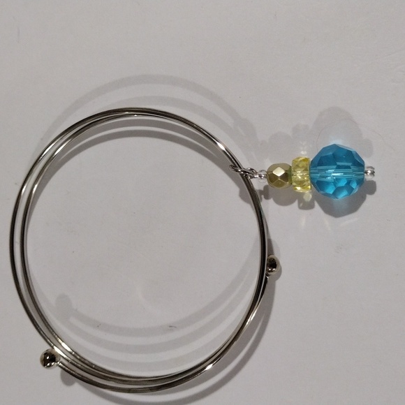 Silver tone Wire Bangle Bracelet Blue Yellow Beaded Charm Elegant Women Jewelry - Picture 6 of 8